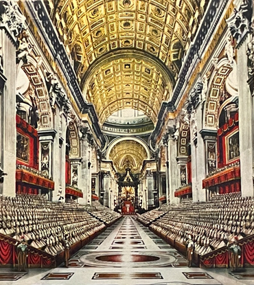 Image of interior of St. Peter's Cathedral with elaborate gold ceiling, and two groups of bishops sitting on either side of a long sanctuary.